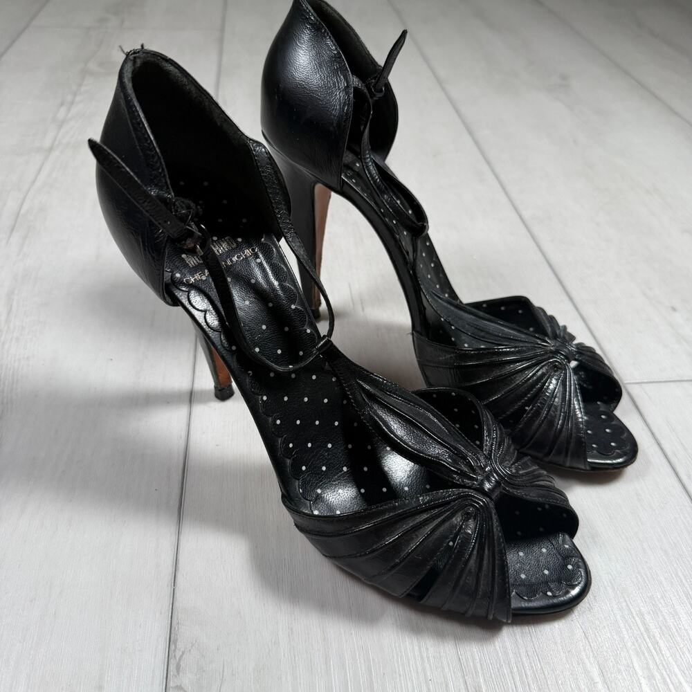 Vintage Moschino Black Leather T-Bar Ankle Strap Open Toe Heels 40